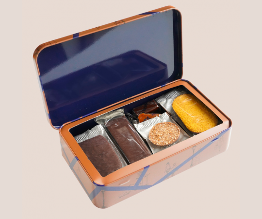 Coffret barres chocolatées caramels, palets et biscuits